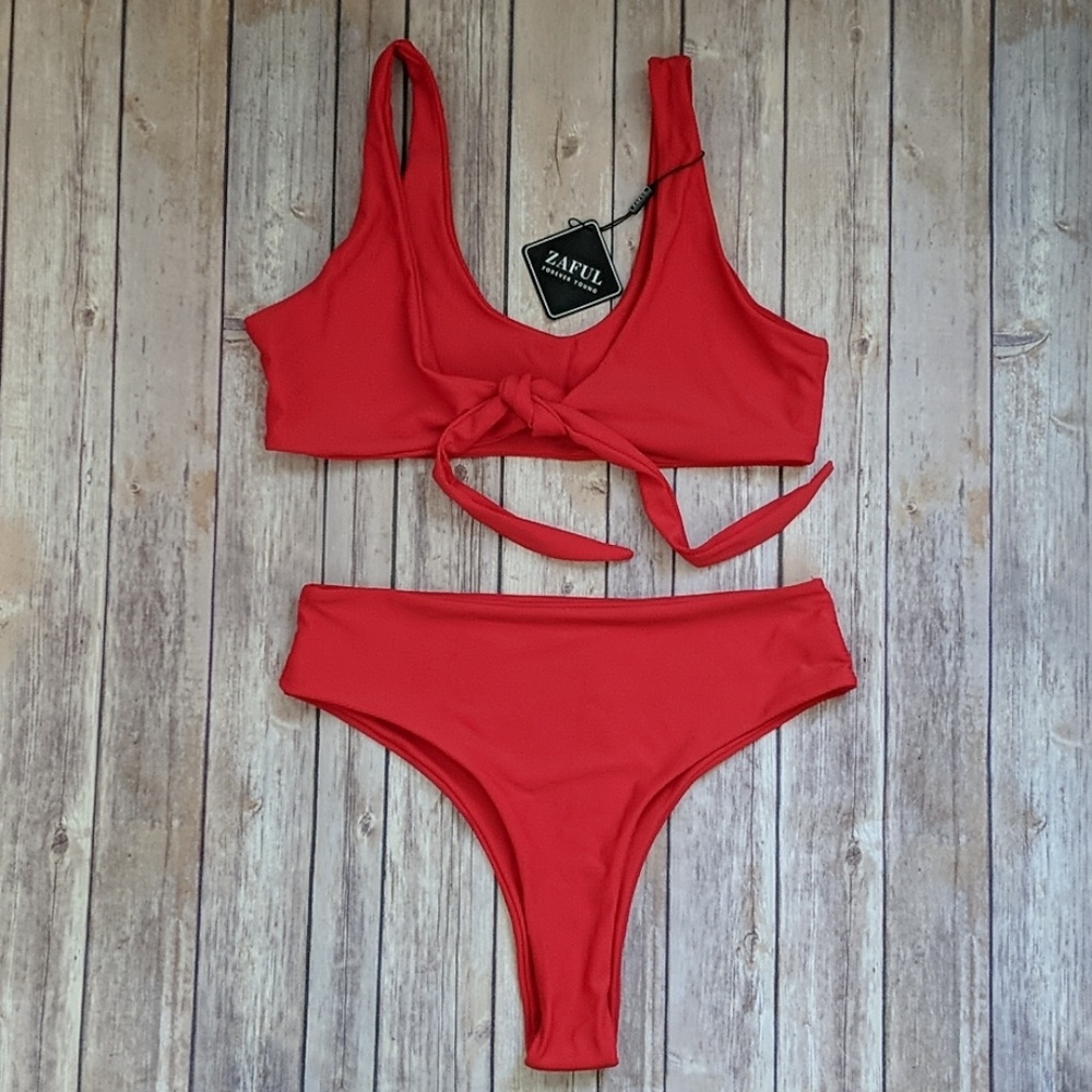 NWT Zaful Tie Front High Waist High Leg Red Bikini
